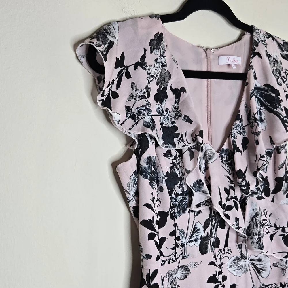 Parker 100% Silk Floral Mini Dress V-Neck Ruffle Wedding Guest Cocktail